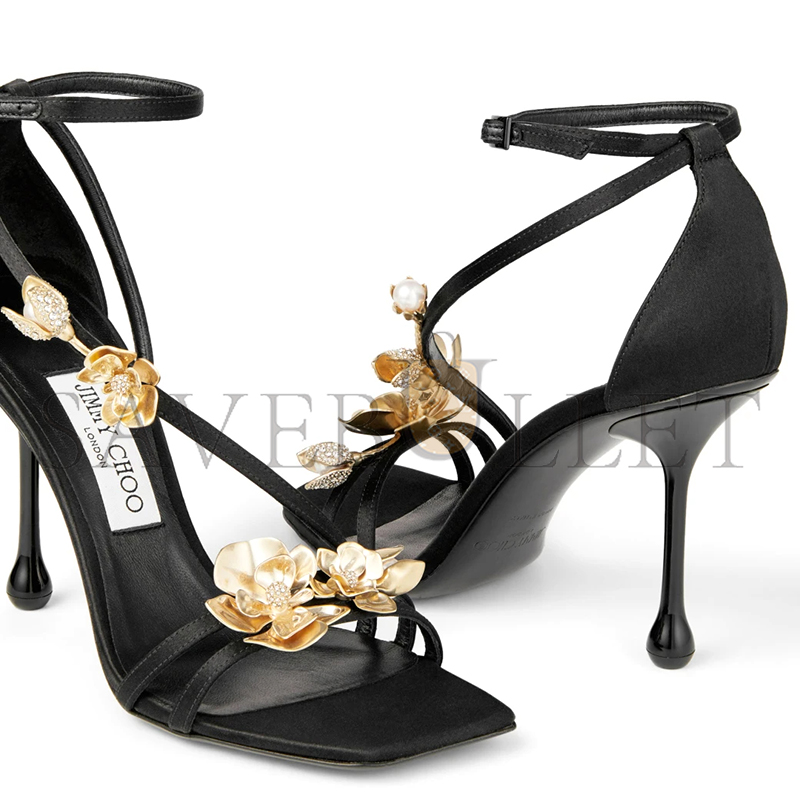 Ji*y Ch* zea 95 black satin sandals with metal flowers zea95bgu